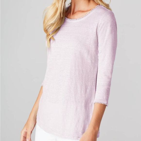J. JILL Womens Love Linen Shirt Size M Lavender Textured Knit 3/4 Sleeve Pom Pom - Picture 3 of 6